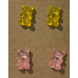 Gummy Bear Acrylic Stud Earrings Pink Yellow‎ Statement Novelty Fashion Set New